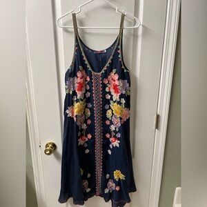 Johnny Was Navy Floral Embroidered Peta Slip Dress